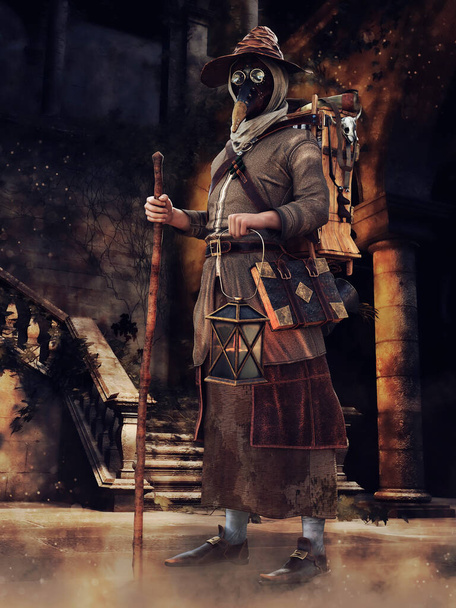 Man in a plague doctor outfit carrying a walking stick and lantern, standing in front of a staircase. 3D render. - Photo, Image