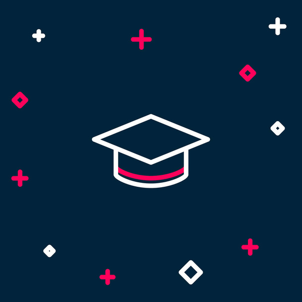 Línea Icono de la tapa de graduación aislado sobre fondo azul. Sombrero de graduación con icono de borla. Concepto de esquema colorido. Vector - Vector, Imagen
