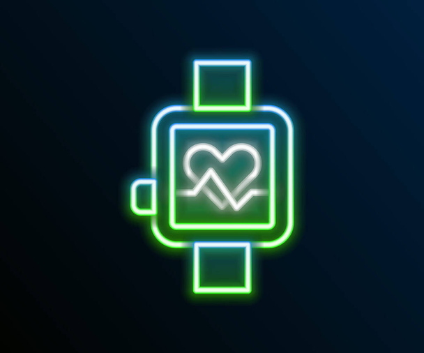 Glowing neon line Smart watch showing heart beat rate icon isolated on black background. Fitness App concept. Colorful outline concept. Vector - Вектор, зображення