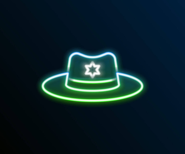 Brillante sombrero Sheriff de línea de neón con icono de insignia aislado sobre fondo negro. Concepto de esquema colorido. Vector - Vector, Imagen
