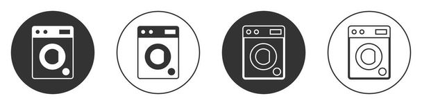 Musta pesukone kuvake eristetty valkoisella taustalla. Pesukone-ikoni. Vaatteiden pesukone - pesukone. Kodinkone symboli. Ympyrä nappi. Vektori - Vektori, kuva