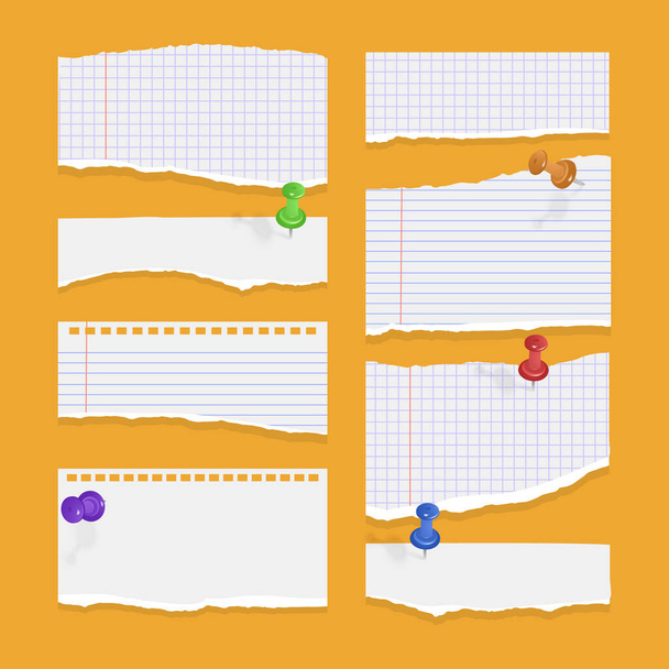 Conjunto de hojas de papel desgarrado de color blanco, papel de cuaderno sobre fondo naranja. Ilustración vectorial - Vector, imagen