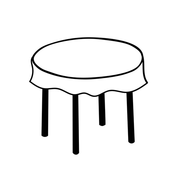 Vetor preto ilustração esboço de uma mesa redonda com toalha de mesa isolada em um fundo branco - Vetor, Imagem