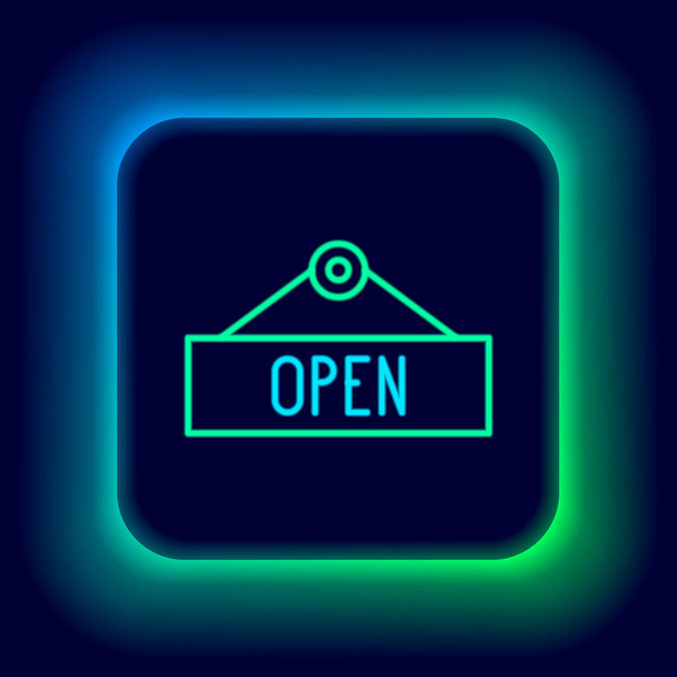 Gloeiende neon lijn Opknoping bord met tekst Open deur pictogram geïsoleerd op zwarte achtergrond. Kleurrijk concept. Vector - Vector, afbeelding