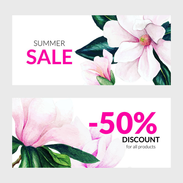 Set of two summer banners with pink magnolia flowers  - Vektör, Görsel