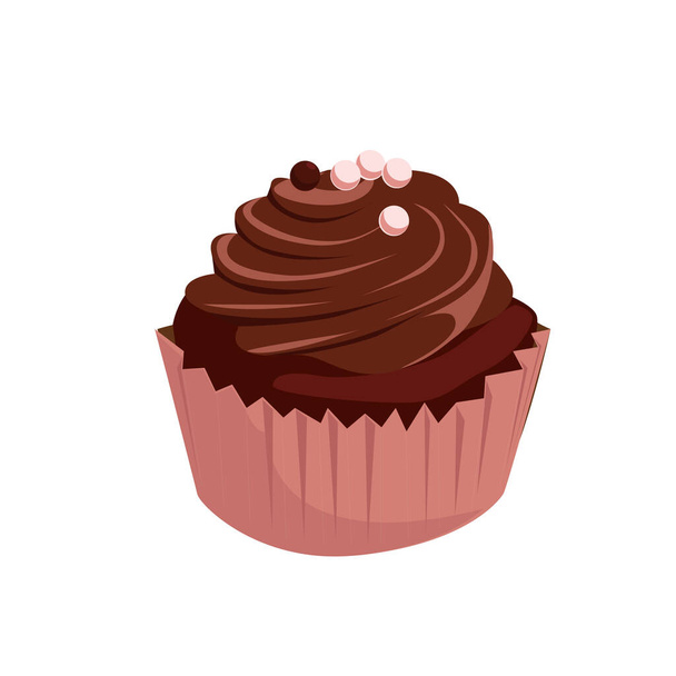One delicious chocolate muffin with pink and chocolate pearls. Vector cartoon illustration isolated on a white background. Sweets for Chocolate Day - Vektor, obrázek