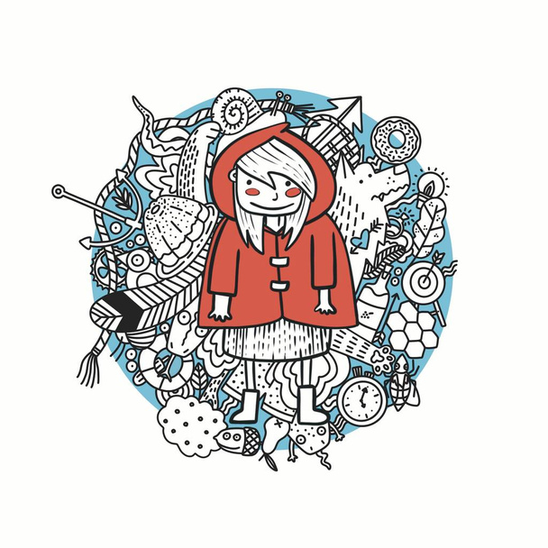 Маленькая девочка в красном пальто. Красный капот и много мелочей на заднем плане. - Фото, изображение