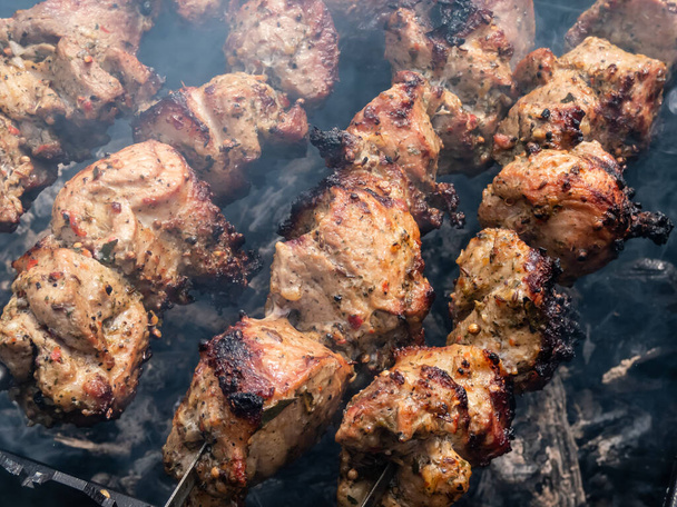 Macro of different kinds of meat on metal skewers - juicy pork and chicken grilling on fire, coals and smoke in grill. Macro of herbed and seasoned cubes of meat. Picnic and grilling meat - Photo, Image
