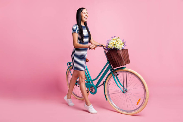 Full length body size profile side view of lovely amazed cheerful girl walking bike having fun isolated on pink pastel color background - Foto, Bild