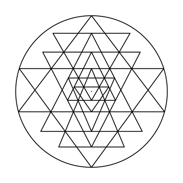 Neun ineinander greifende Dreiecke Sri Yantras, die einen zentralen Punkt umgeben, der als Bindu, das kosmische Zentrum, bekannt ist. Shri Yantra oder Shri Chakra, ein mystisches Diagramm, das den Kosmos und den menschlichen Körper darstellt. Vektor. - Vektor, Bild