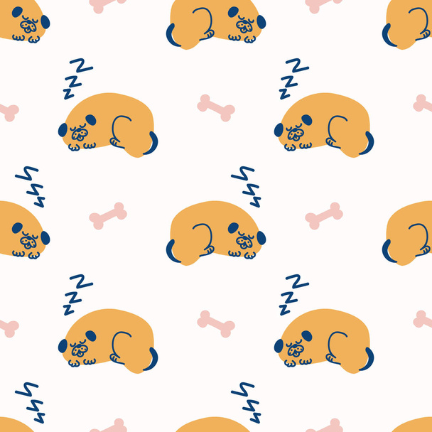 Seamless sleeping cartoon pet dog doodle pattern. Whimsical minimal 2 tone gender neutral color. Kids nursery wallpaper or whimsical character fashion all over print. - Vector, Image