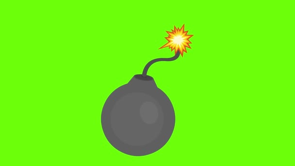 Animación en bucle de una bomba con un fusible encendido que explota con un fondo de croma verde - Metraje, vídeo