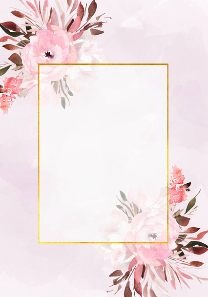 Pale leaves and flowers - botanical design banner. Floral pastel watercolor border frame. - Photo, image