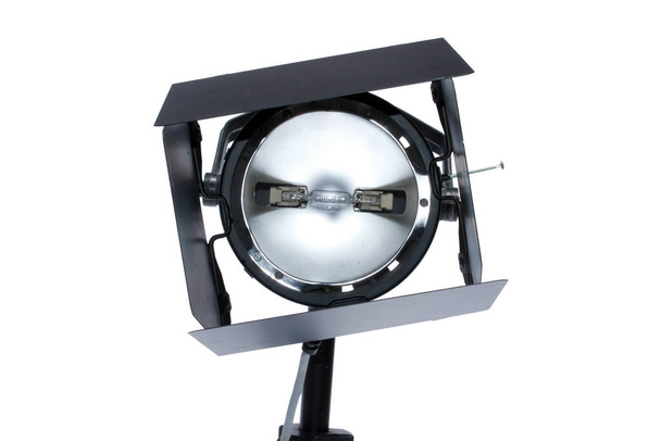 Photo studio Lights. Studio flash. Studio light equipment for photo or film movie video. Light set for professional shooting and screen background. LED Flood light and Spot light for video production. Setup include Barn door soft box.  - Photo, Image
