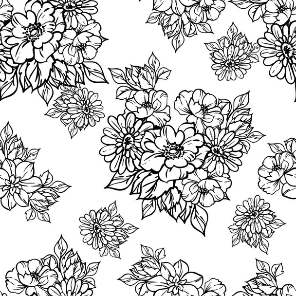 vector illustration of floral seamless background. abstract white and black flowers. - Vetor, Imagem