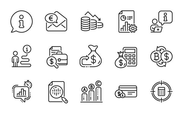 Finance icons set. Included icon as Money loss, Statistics timer, Calculator target signs. Payment method, Euro money, Analytics chart symbols. Graph chart, Report, Accounting report. Vector - Vettoriali, immagini