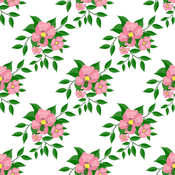 Pink flowers and green beetles, seamless pattern - Vector, imagen