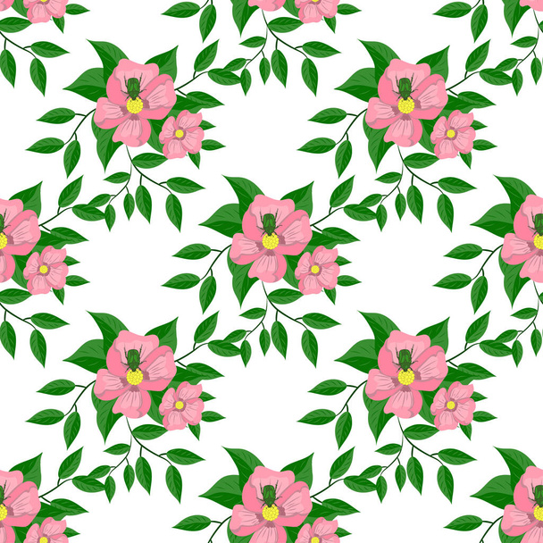 Pink flowers and green beetles, seamless pattern - Vecteur, image