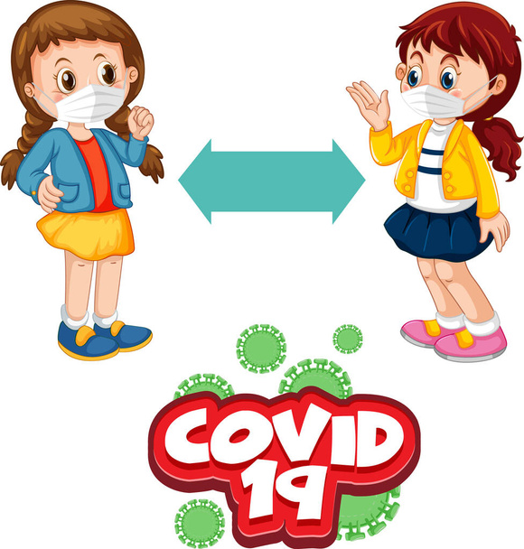 Covid-19 font in cartoon style with two children keeping social distance isolated on white background illustration - Vector, Image