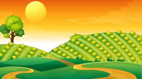 Scène de paysage de prairie vierge au coucher du soleil illustration - Vecteur, image