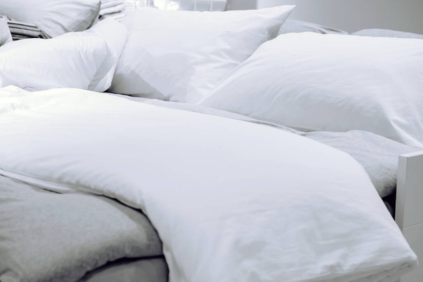 Close up image of Bed mattress Duvet with pillow and blanket  - Photo, Image