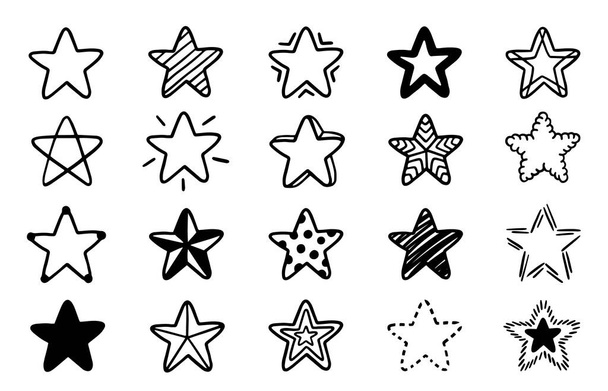 Wektorowy zestaw kształtów gwiazd. Ręcznie rysowane elementy bazgrołów izolowane na białym tle. - Wektor, obraz
