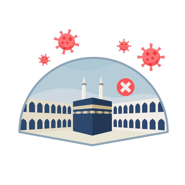 Islámská hadždž pouť je zrušena kvůli pandemické covid-19. Ploché vektorové znázornění Kaaby v mešitě Al-Haram Mekky je chráněno před vypuknutím koronaviru. Eid Adha Mubarak. - Vektor, obrázek