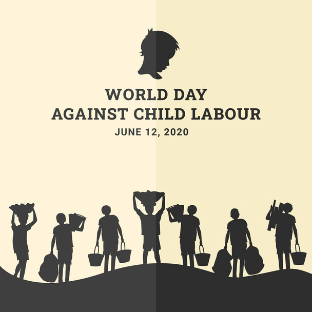 İşçi olarak çalışan çocuklarla çocuk işçi geçmişine karşı bir dünya günü. Poster ve afiş için çocuk sömürüsünü durdurma konsepti. - Vektör, Görsel