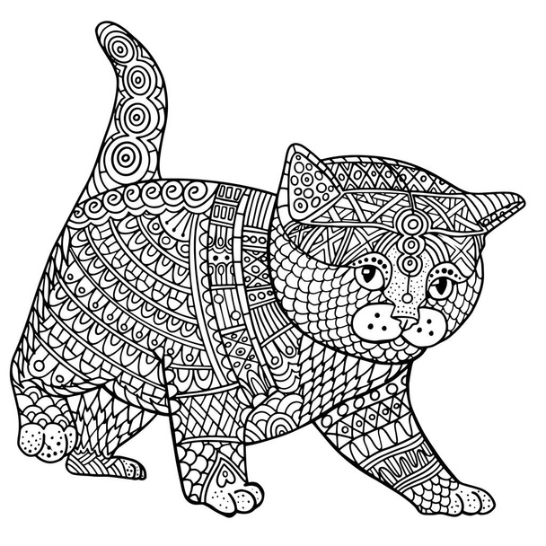 Векторные антистрессовые раскраски страницы книги с милым котом, стиль иллюстрации с высокими деталями изолированы на белом фоне. Монохромный эскиз  - Вектор,изображение
