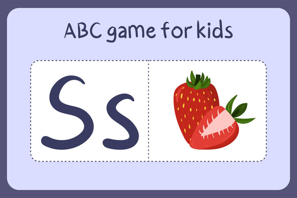 Kid alphabet mini games in cartoon style with letter S - strawberry. - Vector, Image