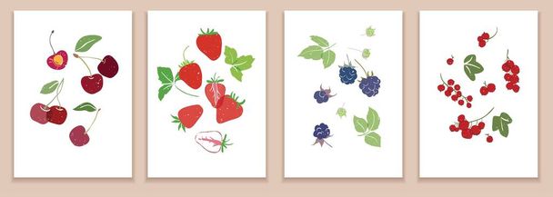 Kokoelma modernin taiteen julisteita. Abstrakti esimerkki hedelmistä. Kirsikoita, mansikoita, karhunvatukoita, herukoita. Tiivistelmä paperinleikkuuelementit, marjat sosiaalisille verkostoille, postikortit, tulostus, pakkaus - Vektori, kuva