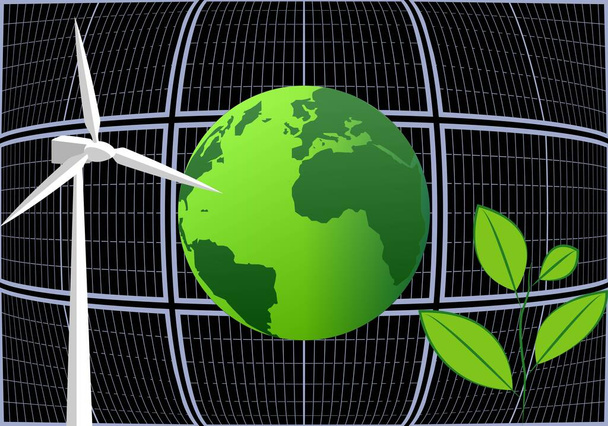 Energia wiatrowa, słoneczna i biomasowa generująca zieloną planetę. Turbina wiatrowa, panele słoneczne lub fotowoltaiczne oraz elektrownia biomasy towarzysząca zielonej planecie Ziemia. Zrównoważona energia - Wektor, obraz
