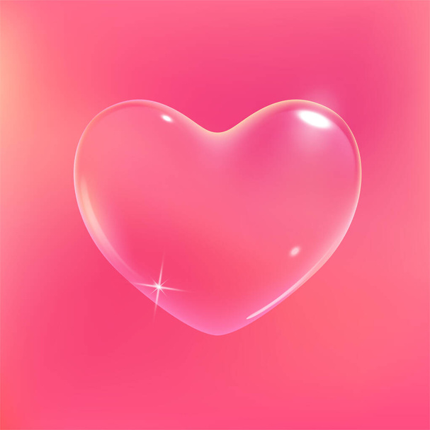 Realistic transparent pink vector soap bubble shaped as heart. Romantic glossy soapy heart. Valentine day symbol. Pink background. - Vektori, kuva