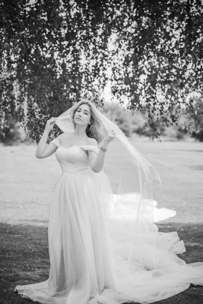 Elegant European bride in turquoise dress, fancy bridal collection, dress for wedding - 写真・画像