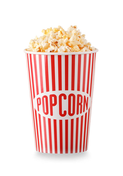 Bucket with tasty popcorn on white background - Foto, imagen