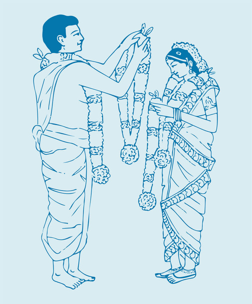 Piirustus tai Sketch of Indian Wedding Card tai avioliitto rituaaleja muokattavissa ääriviivat kuvitus ja suunnittelu elementtejä - Vektori, kuva