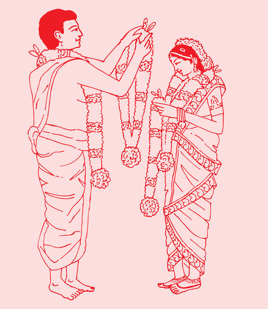 Desenho ou esboço do cartão de casamento indiano ou rituais matrimoniais esboço editável ilustração e elementos de design - Vetor, Imagem