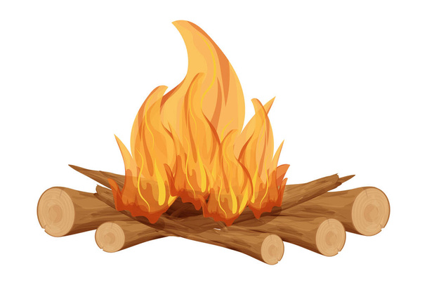 Open haard, vuur met houten boomstokken, twijgen in tekenfilmstijl geïsoleerd op witte achtergrond. Buitenactiviteiten, kampvuur. . Vectorillustratie - Vector, afbeelding