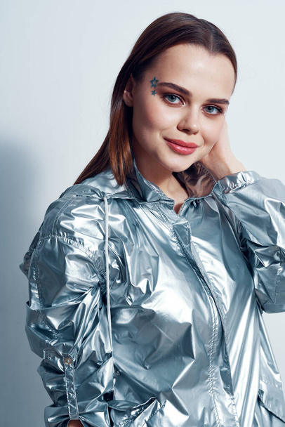woman in silver jacket cosmetics glamor model makeup - Zdjęcie, obraz