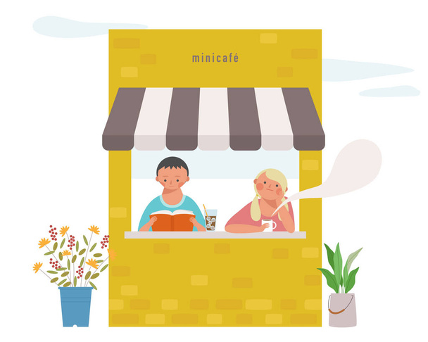 Dwie pary czytają książkę i piją kawę w małej kawiarni. ilustracje projektu wektora. - Wektor, obraz