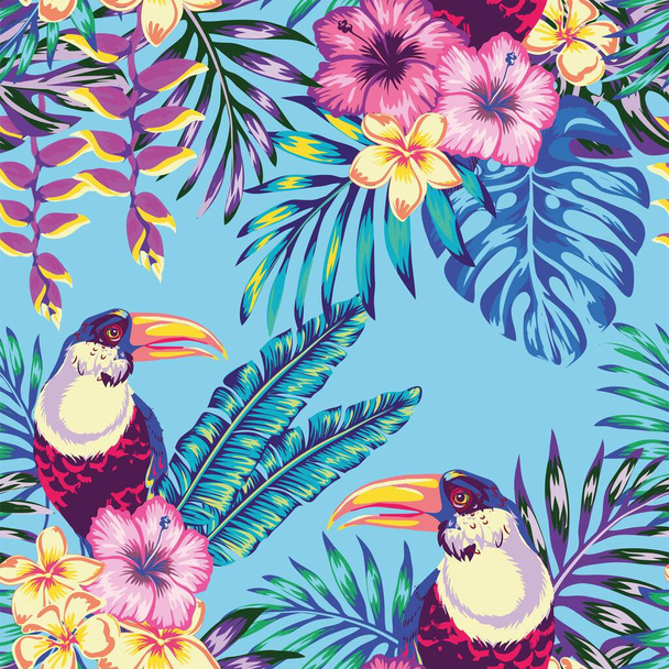 Tropical bird toucan and multicolor parrot on the background of exotic hibiscus flower and palm leaf. Summer floral plant print. Nature animals wallpaper. Seamless vector pattern - Vektor, kép