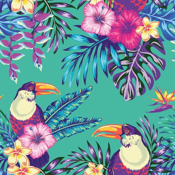 Tropical bird toucan and multicolor parrot on the background of exotic hibiscus flower and palm leaf. Summer floral plant print. Nature animals wallpaper. Seamless vector pattern - Vecteur, image