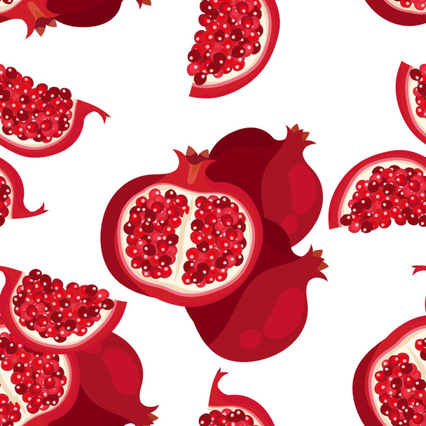 Naadloos patroon van granaatappel fruit met gesneden granaatappel op witte achtergrond. Vectorillustratie. - Vector, afbeelding