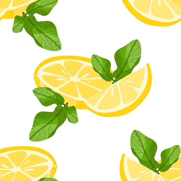 Schattig naadloos patroon met gesneden citroenen en munt bladeren takken op witte kleur achtergrond. Vectorillustratie. - Vector, afbeelding