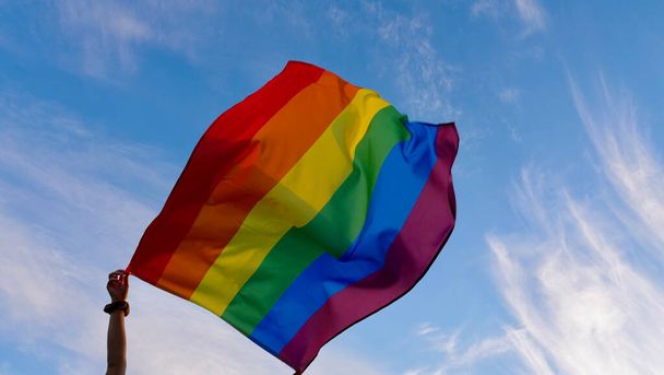 Person mit LGBT-Flagge am Himmel - Foto, Bild