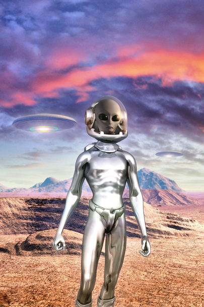 grauer Außerirdischer und Ufo in der Wüste - Foto, Bild
