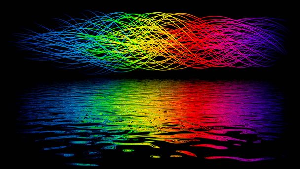 3D resimleme sarmal olarak dönen çok renkli enerji dalgaları sıvı bir yüzeyden yansıtılır. - Fotoğraf, Görsel