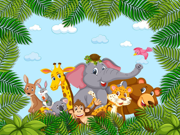 Ομάδα άγριων ζώων στην απεικόνιση του πλαισίου του δάσους - Διάνυσμα, εικόνα