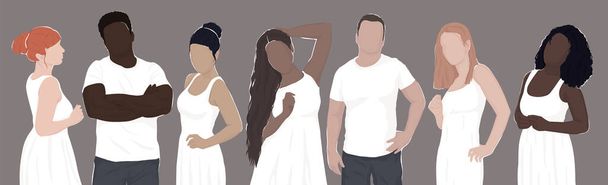 set of drawn diverse people in white clothes. women and men from different ethnic groups. modern flat illustrations. for postcard, poster, banner, magazine or book cover - Photo, Image