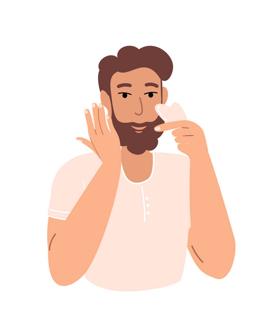 Happy Fresh Bearded Man with jade face guasha stone scraper.Αρσενικό πρόσωπο γιόγκα.Guy μασάζ στο πρόσωπό του.Βελονισμός αντι-γήρανση παραδοσιακή κινεζική ιατρική αυτο-φροντίδα method.Vector επίπεδη απεικόνιση λευκό - Διάνυσμα, εικόνα